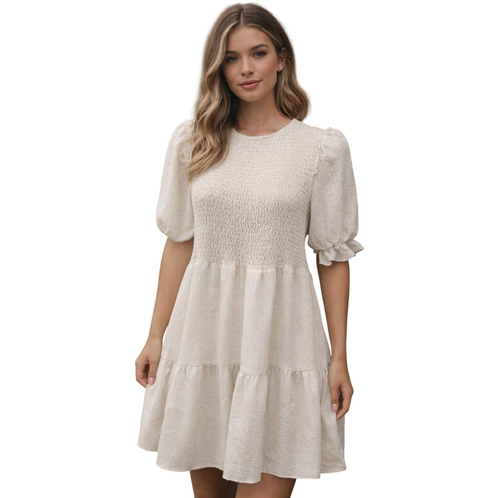 Wilde Fable Smocked Shift Peasant Dress Neutral Size Small